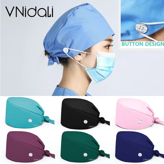 Solid color scrub cap with button pet grooming working Caps surgical cap Lab work hat womens Scrub hats nurse accessories