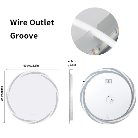 Anti-fog LED Bathroom Mirror Circle Backlit HD Wall Mounted Vanity Mirror Shatterproof 3 Colors Lights Adjust