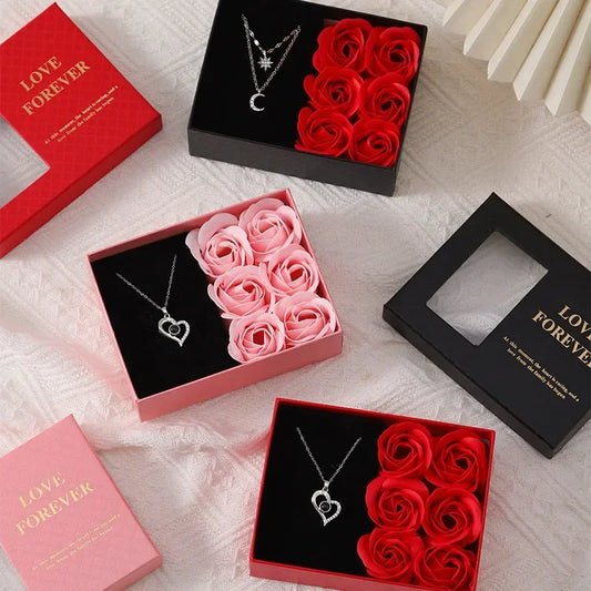 Valentine's Day Jewelry Gift Packaging Box 6 Rose Pendants Ring Bracelet Eternal Flower Window Opening Jewelry Box Romantic Bag
