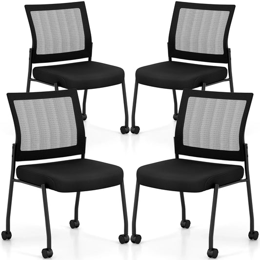 Stackable Armless Waiting Room Guest Chair with Wheels Set of 4-Black