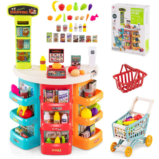 Supermarket Playset for Kids 76 Pieces Pretend Play Grocery Store Set-Blue