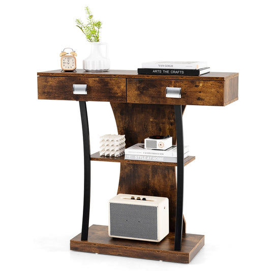 T-Shaped Foyer Console Table for Small Space with Dual Drawers-Rustic Brown