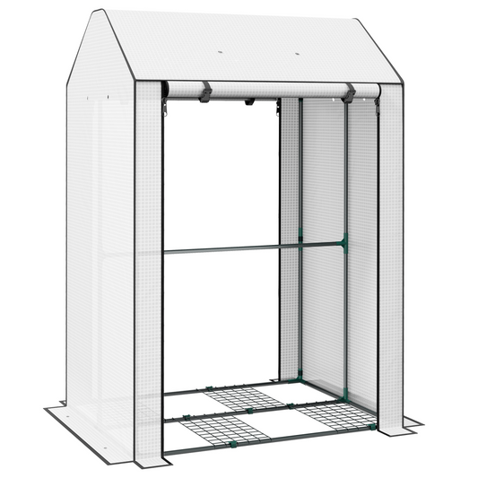 Outsunny Mini Greenhouse with Shelves and Roll Up Door, 100x80x150cm, White