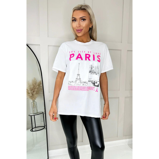 Ladies Oversized Paris Slogan Short Sleeves T Shirt Top