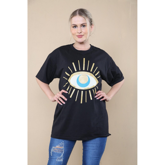 Ladies Oversized Sequin Eye Printed Short Sleeves T Shirt Top