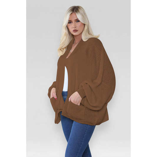 Stylish Oversized Cropped Knitted Cardigan with Balloon Pockets