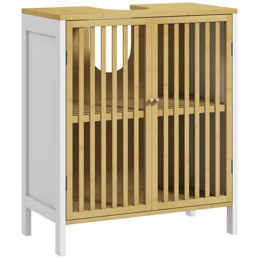 HOMCOM Under Sink Bathroom Cabinet, Bamboo Sink Storage Cabinet Slat Doors