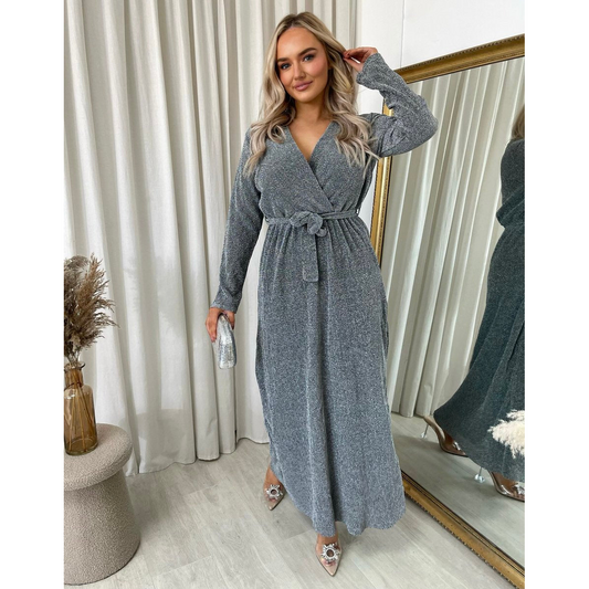 Elegant V Neck Tie Waist Glittery Maxi Dress