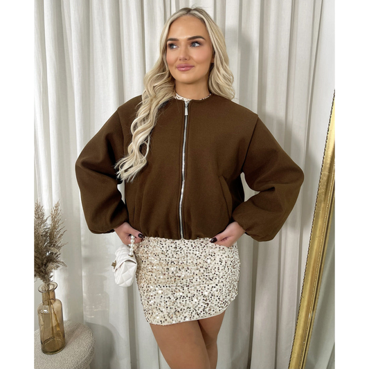 Cropped Zip Up Balloon Sleeve Bomber Jacket
