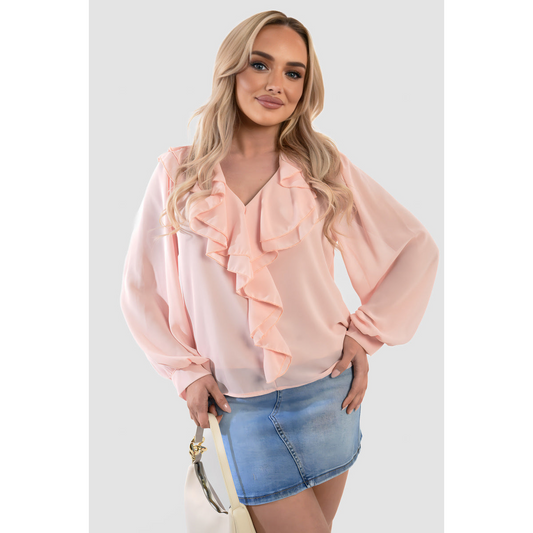 Ruffle Trim Front Long Sleeve Top