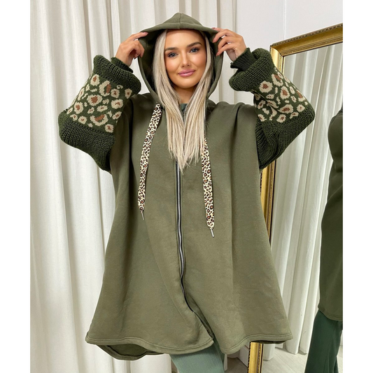 Leopard Print Knitted Sleeve Hoodie