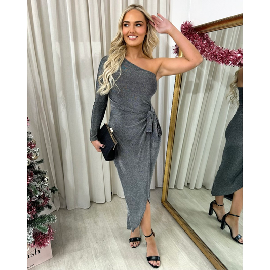 One Shoulder Wrap Front Glitter Midi Dress