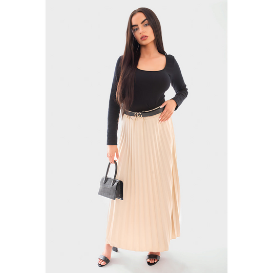 Belted Maxi Length Pleated Skirt