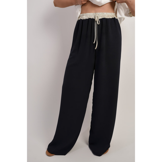 Drawstring Shiny Waist Wide Leg Trouser