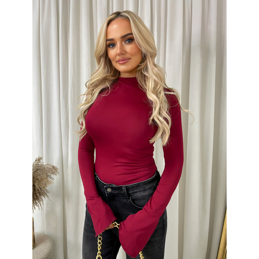 Ruched High Neck Flare Long Sleeve Top