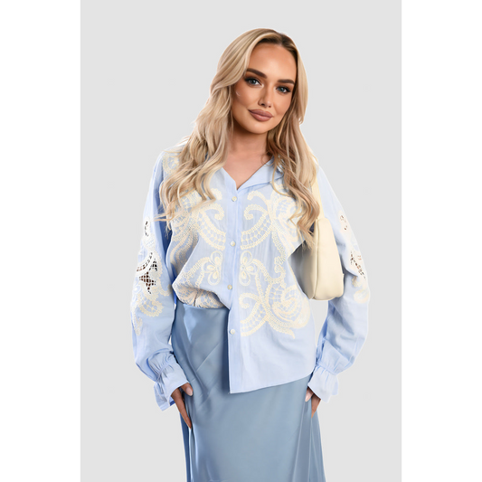 Buttoned Embroidered Balloon Sleeve Top