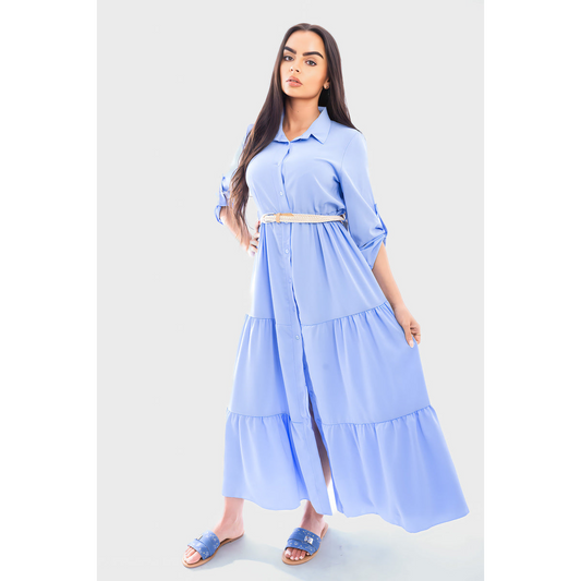 Belted Button Down Tiered Maxi Dress