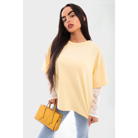 Oversized Long Sleeve Lace Detail Top
