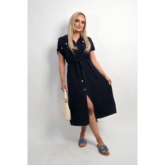 Collared Button Down Short Sleeve Tie Waist Midi Dress