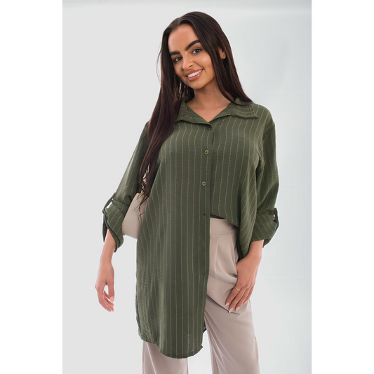 Oversized Long Sleeve Glitter Striped Button Down Shirt