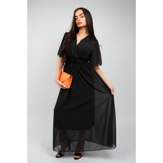 Smocked Waist V Neck Short Sleeve Flowy Maxi Dress