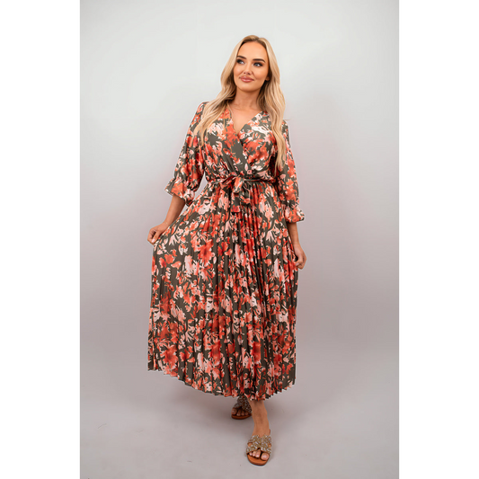 Floral Printed Long Sleeve Pleated Midi Dress