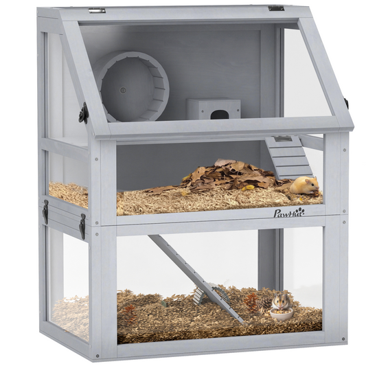 PawHut Wooden Hamster Cage w/ Detachable Bottom, Hut, Seesaw