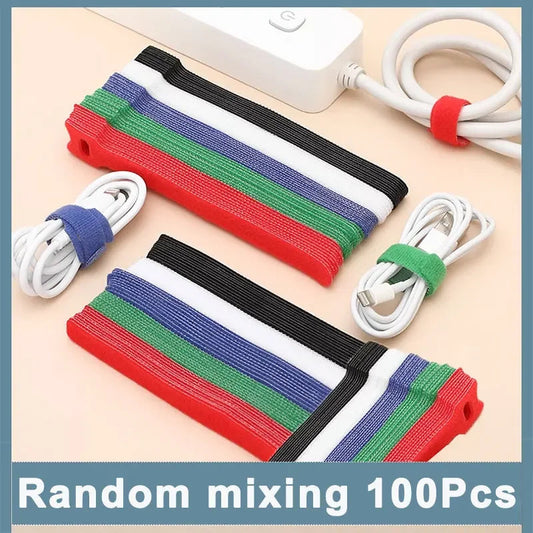 100PCS T-Type Cable Ties - Reusable Hook & Loop Multi-Colour Organiser