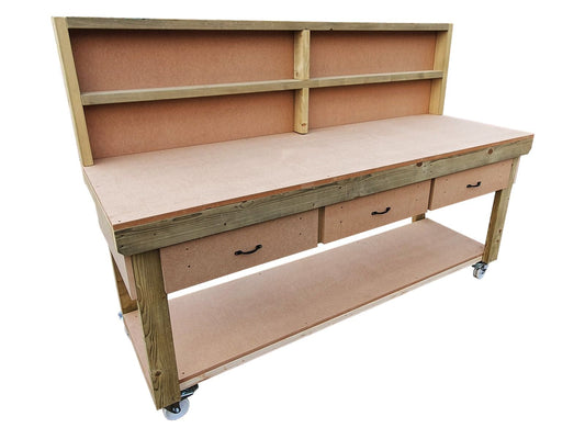 Wooden MDF workbench, tool cabinet with drawer (V.1) with back and wheels