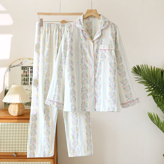 Japanese Sweet Ladies' Homewear Cotton Double-layer Gauze New Long-sleeved Trousers Two-piece Set