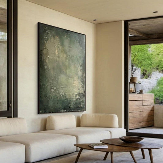 Large Geometric Abstract Painting Green Beige Minimalist Wabi-Sabi Wall Art Green Canvas Wall Art Modern Green Wall Decor