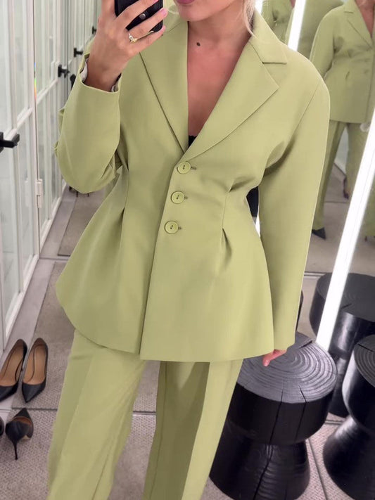Fruit Green Waisted Suit Jacket & High Waisted Pants Set