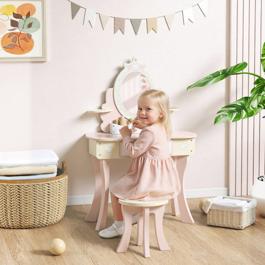 AIYAPLAY Kids Dressing Table, Girls Vanity Set with Mirror and Stool, 7 Play Accessories, Drawer, Desktop Storage, Pink | Luxury Home Accessories | Heulog Glow