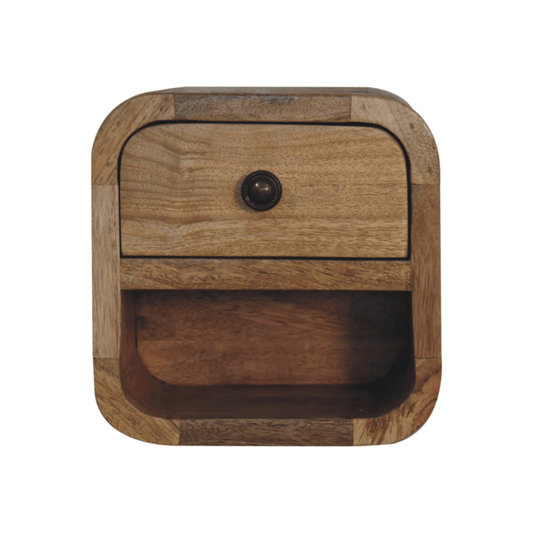 Artisan Furniture Solid Wood Extra Mini Curved Oak-ish Bedside with Open Slot | Luxury Home Accessories | Heulog Glow