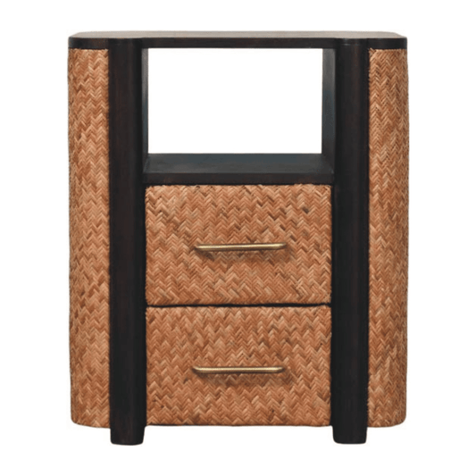 Artisan Furniture Solid Wood Rattan Curve Edge Nightstand, 2 Drawers, 1 Shelf, Brown | Luxury Home Accessories | Heulog Glow