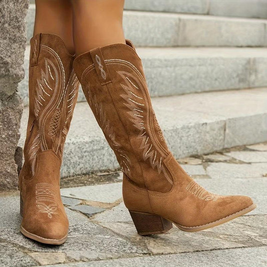 Autumn And Winter New Large Retro Embroidered V-neck Thick Heel Middle Tube Martin Boots | Luxury Home Accessories | Heulog Glow