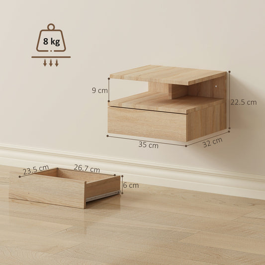 HOMCOM Set of Two Floating Bedside Tables - Oak