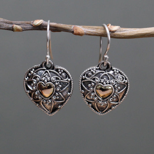 Silver & Gold Earring - Mandala Hearts
