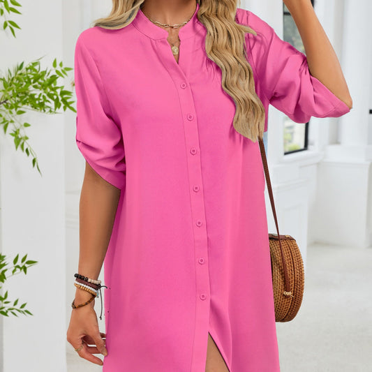 V-neck Shirt-sleeve Button-down Dress For Women