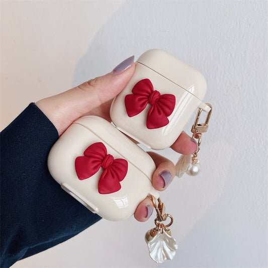 Beige Red Bow Shell Pendant Wireless Earphone Case | Luxury Home Accessories | Heulog Glow