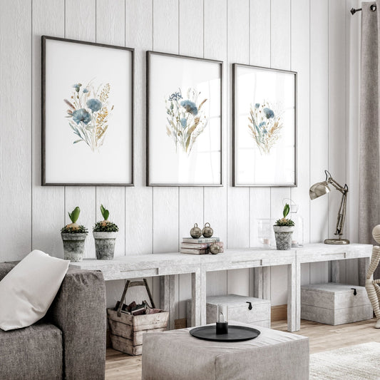 Blue Color Wall Art | Set of 3 Botanical Wall art Prints