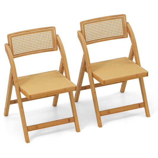 Boho Accent Rattan Cane Folding Chairs Set of 2 Bamboo Dining Chairs-Natural