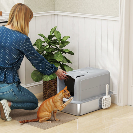 PawHut Stainless Steel Cat Litter Box with Removable Lid, Scoop, Filter Bags, for Larger Cats, Grey