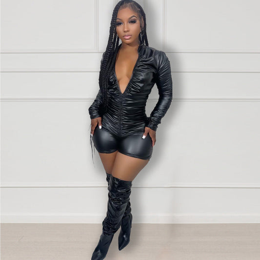Fashion Pleated High-elasticity Leather Jumpsuit