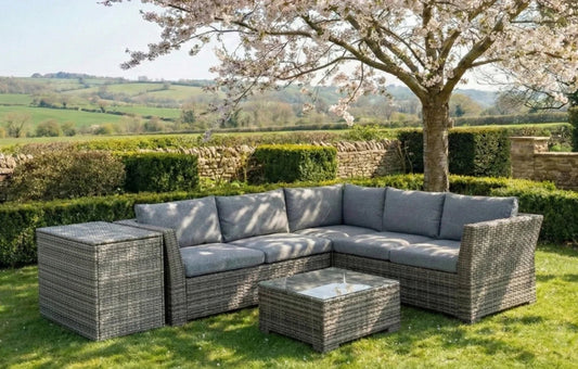 Chesterton Grey 5 Seater Corner Rattan Garden Sofa Lounge Set and Cushion Box Bundle | Luxury Home Accessories | Heulog Glow