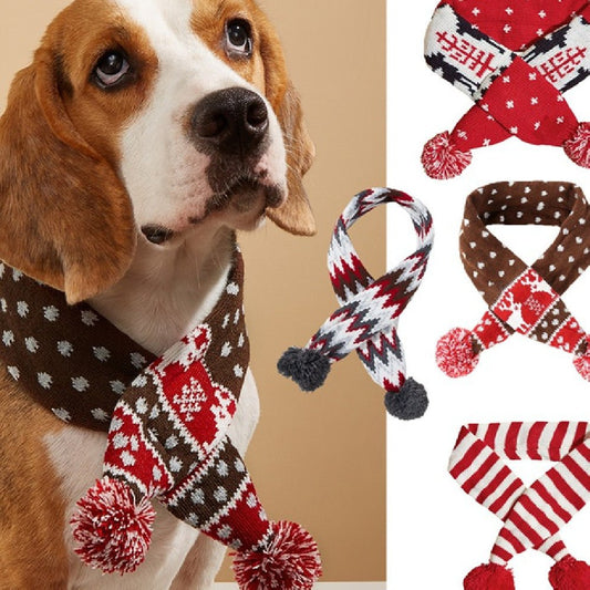 Christmas Pet Scarf Contrast Color Striped Red Snowflake Fur Ball Warm And Comfortable | Luxury Home Accessories | Heulog Glow