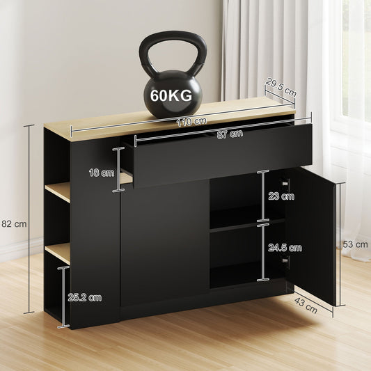 HOMCOM Sideboard, Storage Cabinet with Adjustable Shelf, 2 Drawers, 3 Open Shelves, Black