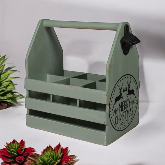 RUSTIC GREEN 6 BOTTLE HOLDER WITH OPENER
