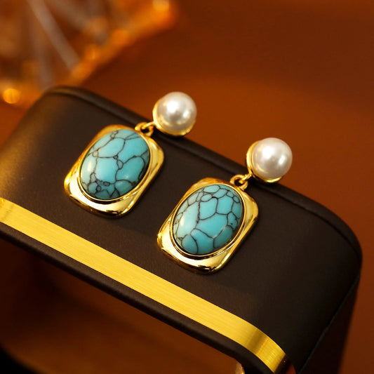 French Vintage Oval Turquoise Pearl Earrings