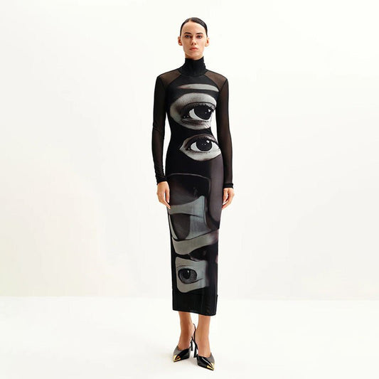 Elegant Mesh Double-layer Printed Crew-neck Long-sleeve Dress | Luxury Home Accessories | Heulog Glow